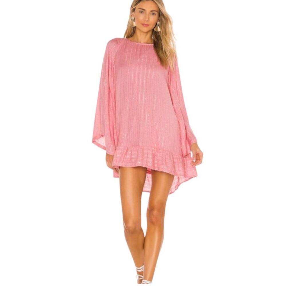 Sundress Indiana Pink w/ Gold Glitter Sequins Bead Fringe Mini Dress M/L NWT